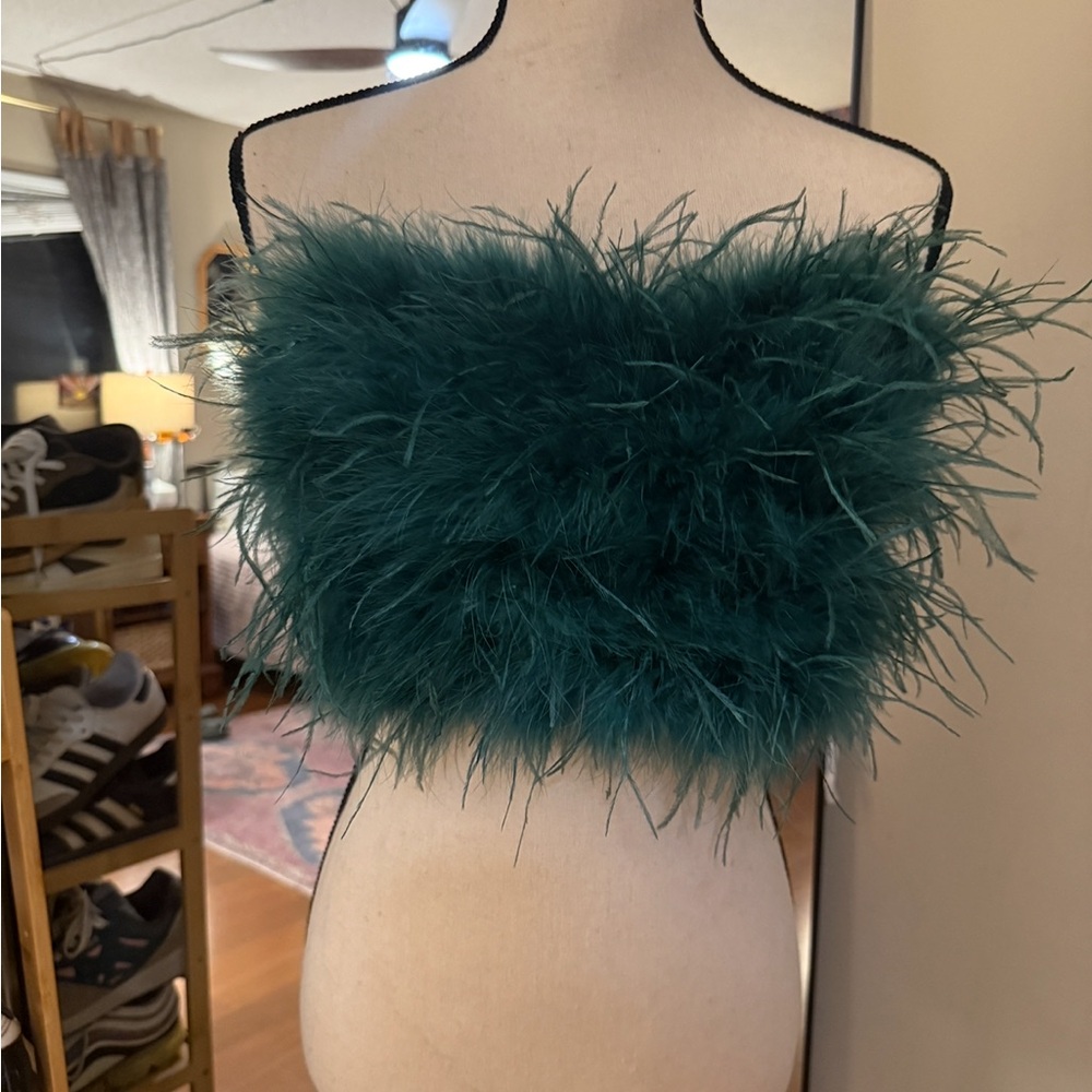 12th Tribe Teal Feathered Bandeau Zip Top